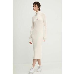 Tommy Jeans rochie din bumbac culoarea bej, midi, mulata, DW0DW19815 imagine