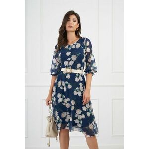 Rochie Ana bleumarin din voal cu imprimeu floral si curea in talie imagine