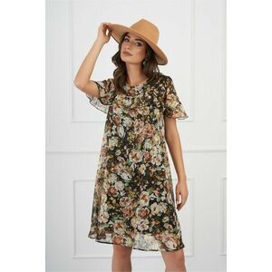 Rochie Dora neagra cu imprimeu floral maro si insertii din fir lurex imagine