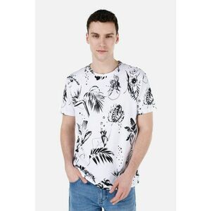 Tricou cu decolteu la baza gatului si model tropical imagine