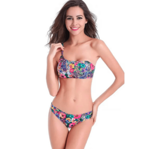 Costum de baie dama - 2 piese - cu imprimeu floral - chilot clasic si sutien tip bustiera cu prindere pe un umar - EFAYN imagine