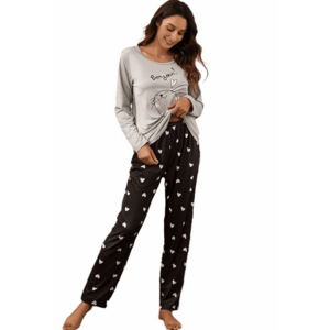 Pijama dama - set 2 piese - bluza maneca lunga si pantalon lung - imprimeu pisica vesela - model “bonjour” - EFAYN imagine