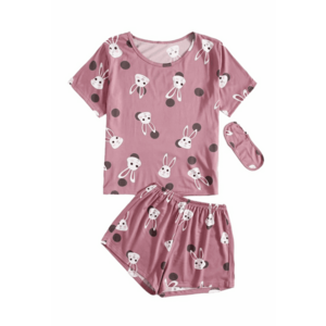 Pijama dama - set 3 piese - tricou maneca scurta - pantalon scurt si masca de dormit - cu imprimeu iepurasi - EFAYN imagine