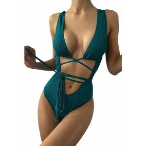 Costum de baie dama - o piesa - model sexy tropical green - cu decolteu adanc in V reglabil - EFAYN imagine