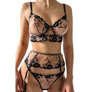 Lenjerie sexy dama - set 3 piese - sutien - portjartiere si chilot tanga - model floral - tematica romantic nights - EFAYN imagine