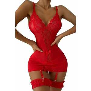 Lenjerie sexy dama - set 3 piese - top cu portjartiere si decolteu in V - chilot tanga si jartiere detasabile - model mulat cu fundite - EFAYN imagine