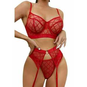 Lenjerie sexy dama - set 3 piese - sutien - portjartier si chilot tanga - model cu romburi - EFAYN imagine