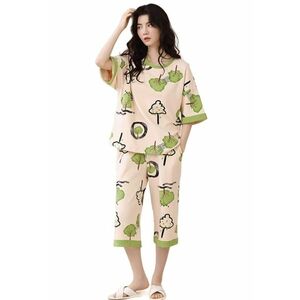 Pijama dama - set 2 piese - bluza maneca scurta cu dublura la piept si pantaloni trei sferturi - model cu elemente din natura - tematica I love nature - EFAYN imagine