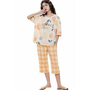 Pijama dama - set doua piese - bluza maneca scurta si pantaloni trei sferturi - model cu fructe deliciose - tematica tasty fruits - EFAYN imagine