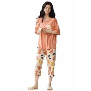 Pijama dama - set doua piese - bluza maneca scurta cu buzunar si pantaloni trei sferturi - model cu frunze - tematica o toamna colorata - EFAYN imagine