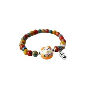 Bratara - model cu margele si pisica simpatica - tematica lucky cat - elastica - unisex - EFAYN imagine