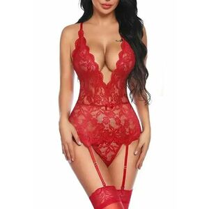 Lenjerie sexy dama - set 3 piese - top senzual cu portjartiere - chilot decupaj normal croi ingust si ciorapi - model delicat incitant - tematica hot night - EFAYN imagine