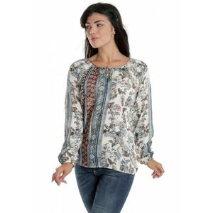 888144253-Bluza Dama - cu Maneca lunga tip IE - Alba cu Imprimeu Albastru-Maro Combinat imagine