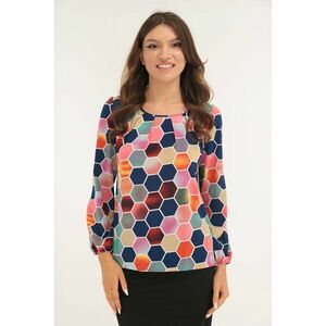 Bluza cu print geometric multicolor si cu pliuri la decolteu imagine