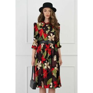 Rochie DY Fashion neagra cu imprimeu floral rosu si curea in talie imagine