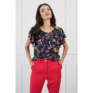 Bluza DY Fashion bleumarin imprimeu floral rosu si volane pe maneci imagine