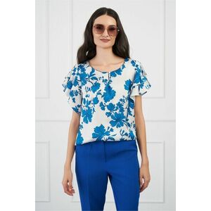 Bluza DY Fashion alba imprimeu floral albastru si volane pe maneci imagine