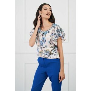 Bluza DY Fashion roz imprimeu floral bleu si volane pe maneci imagine