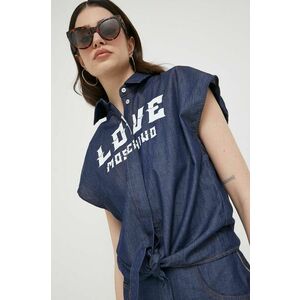 Love Moschino camasa din bumbac femei, culoarea albastru marin, cu guler clasic, relaxed imagine