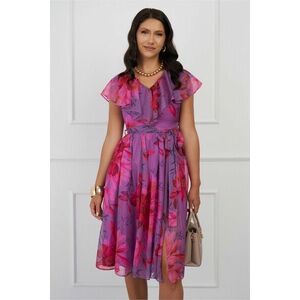 Rochie DY Fashion mov din voal cu imprimeu fucsia si cordon in talie imagine