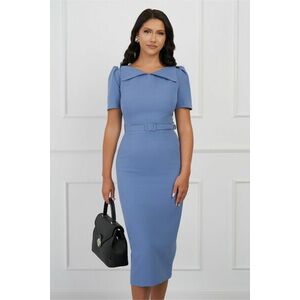 Rochie DY Fashion bleu cu guler ascutit si curea in talie imagine