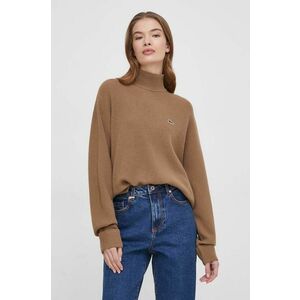 Lacoste pulover de lana femei, culoarea maro, cu turtleneck imagine