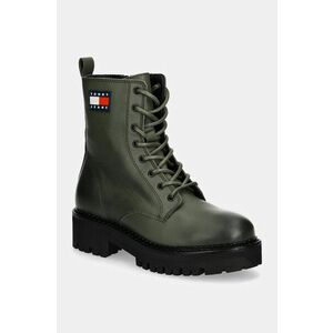 Tommy Jeans bocanci de piele TJW URBAN LACE UP BOOT femei, culoarea verde, cu toc plat, EN0EN02628 imagine