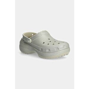 Crocs papuci Classic Platform Glitter Lined Clog W femei, culoarea argintiu, cu platforma, 210413 imagine