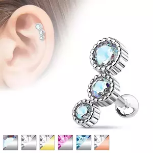 Piercing din oțel pentru tragus, trei zirconii rotunde colorate - Culoare: Albastru Aqua imagine