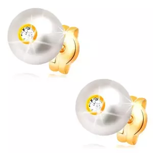 Cercei din aur de 14K - perlă albă crem cu zirconiu transparent, 6 mm imagine