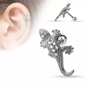 Tragus din oțe, culoare argintie, șopârlă decorată cu zirconii transparente imagine