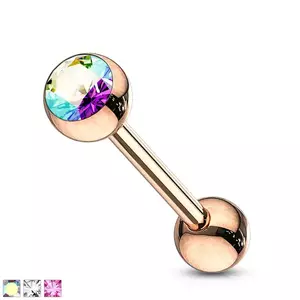 Piercing pentru limbă din oțel 316L – culoarea cupru, capăt neted, cristal rotund, PVD - Culoare: Aurora Boreală imagine