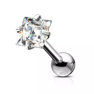 Piercing din oțel, tragus - zircon transparent strălucitor tăiat în formă pătrată - Dimensiune: 1 mm x 8 mm x 2 mm imagine