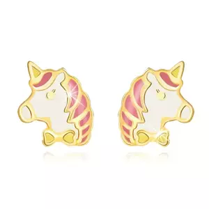 Cercei din aur galben 375 – unicorn colorat roz-alb, știfturi imagine