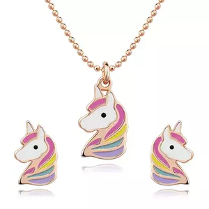 Set de două piese din argint 925 - colier și cercei, unicorn colorat, culoare roz auriu imagine