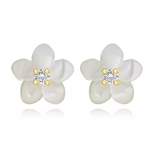 Cercei din aur galben de 14K - floare, petale din perle naturale, zircon transparent imagine