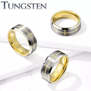 Verighetă de tungsten cu centru tăiat, linii încrucișate de culoare aurie, 8 mm - Marime inel: 59 imagine