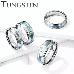 Verighetă de culoare argintie din tungsten, centru din scoică abalone, margini coborâte, 8 mm - Marime inel: 59 imagine