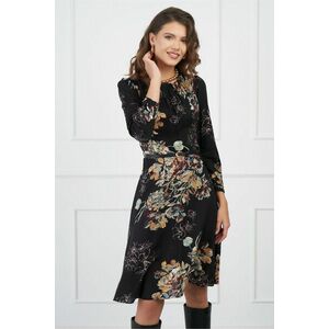 Rochie Miruna neagra cu imprimeuri florale bej si curea in talie imagine