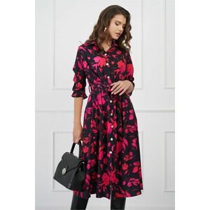 Rochie Bella neagra cu flori fucsia si cordon in talie imagine