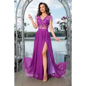 Rochie de seara eleganta Larissa mov din voal cu flori 3D imagine