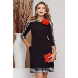 Rochie de zi in A cu imprimeu pied du coq si floare rosie imagine