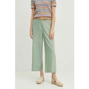 Medicine pantaloni din in femei, culoarea verde, fason culottes, high waist imagine