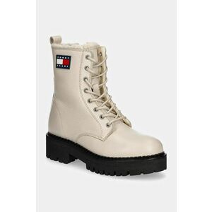 Tommy Jeans bocanci de piele TJW URBAN BOOT TUMBLED LTR WL femei, culoarea bej, cu toc plat, izolat, EN0EN02317 imagine