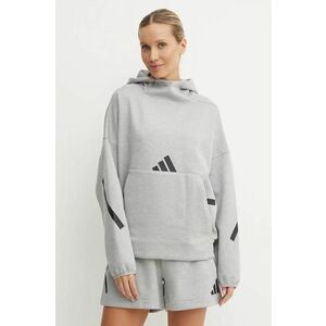 adidas bluza ZNE femei, culoarea gri, cu glugă, cu imprimeu, JD9592 imagine