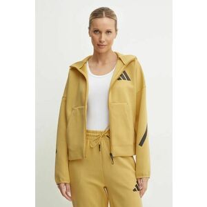 adidas bluza ZNE femei, culoarea galben, cu glugă, cu imprimeu, JE7854 imagine