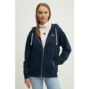 Tommy Jeans hanorac de bumbac femei, culoarea albastru marin, cu glugă, neted, DW0DW19932 imagine