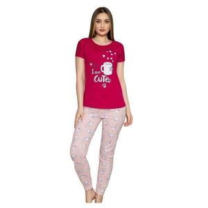 Set pijama bluza si pantalon, imprimeu cu text I am cute, culoare bordo, 2XL imagine