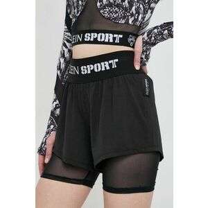 PLEIN SPORT pantaloni scurti femei, culoarea negru, cu imprimeu, high waist imagine