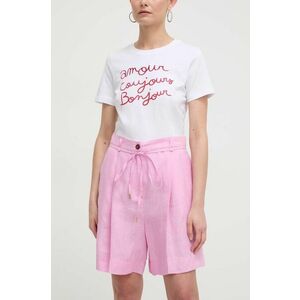 Marella pantaloni scurți din in culoarea roz, uni, high waist 2413140000000 imagine